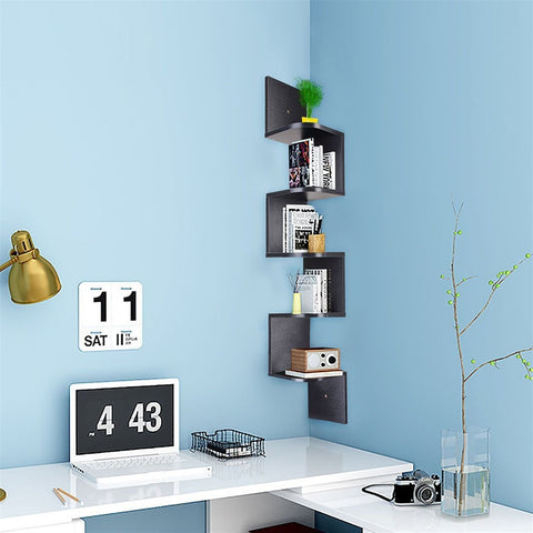 Wood Corner 5 Tiers Wall Shelf Zig Zag Wooden Shelves Wooden Mount Rack Home Furniture Walnut Floating Shelves