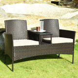 Patio Rattan Conversation Set Loveseat Sofa Cushioned Coffee Table Mix Brown