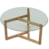 Round Glass Coffee Table for Living Room with Tempered Glass Top &amp; Sturdy Wood Base (Oak) AL