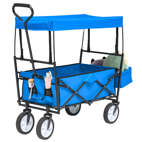 Collapsible Wagon Folding Cart with Canopy Beach Garden Outdoor Sport Utility Cart Wheels Adjustable Handle Rear Storage