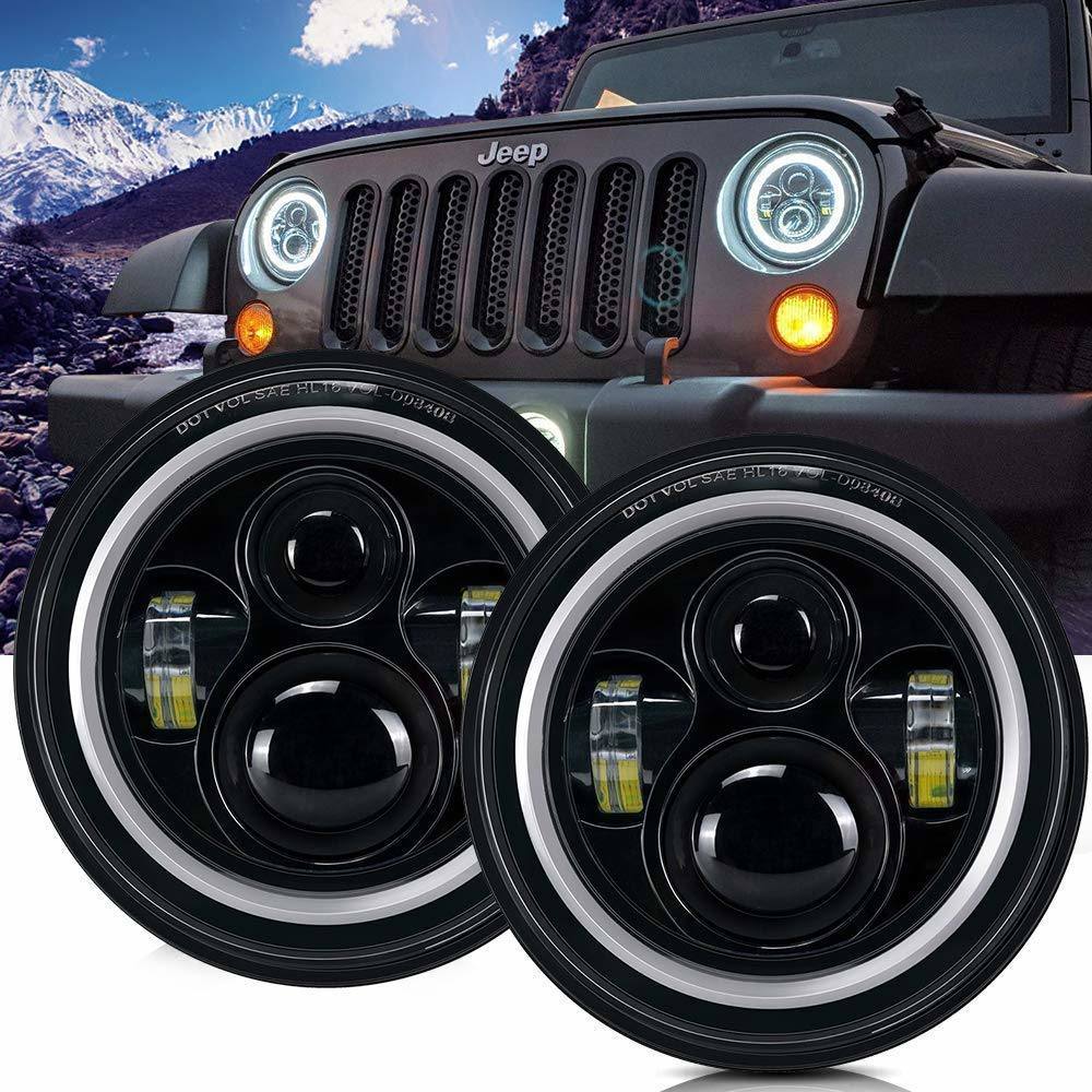 DOT Approved 7" Round Black LED Headlight with High Low Beam White DRL Amber Turn Signal for Jeep Wrangler JK TJ LJ CJ Hummer H1 H2 (Pair)