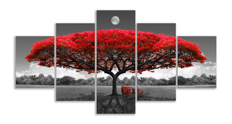 Canvas Wall Art Red Tree Wall Art with Moon Black and White Landscape