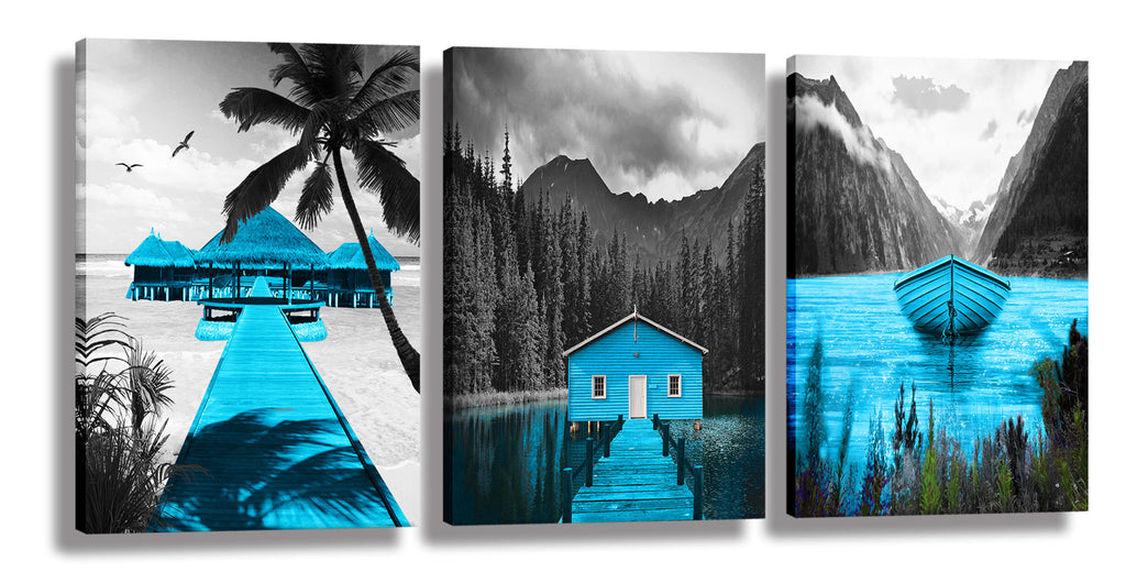 Canvas Wall Art Landscape Lake Painting Black and White Background Pictures Wall Art Blue Artwork for Bedroom Living Room Decor 3 Pieces