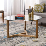 Round Glass Coffee Table for Living Room with Tempered Glass Top &amp; Sturdy Wood Base (Oak) AL