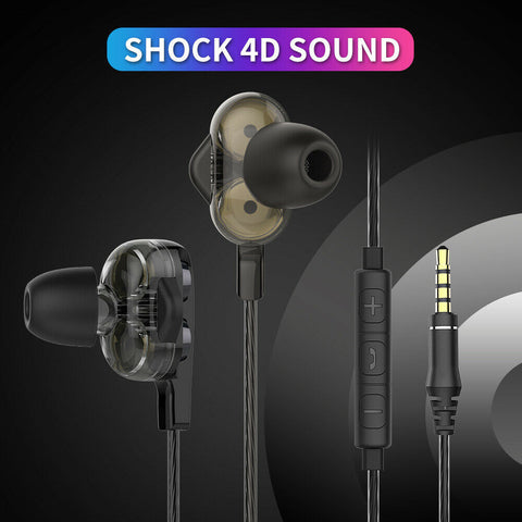 Earphone Dual Dynamic Headphone HiFi Super Bass Stereo Headset Earbuds with Mic