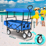 Collapsible Wagon Folding Cart with Canopy Beach Garden Outdoor Sport Utility Cart Wheels Adjustable Handle Rear Storage