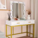 Makeup Dressing Table with Led Dimmable Bulbs, Makeup Table with Two Drawers and Cushioned Stool for Bedroom Furniture