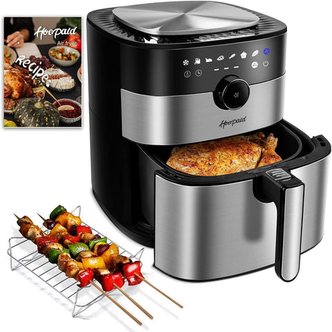 Air Fryer, Family Electric Oilless Hot Air Fryer Oven, Oilless Stainless Steel Oven with Non-Stick Basket and Rack, Touch Screen