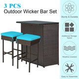 3PCS Patio Rattan Wicker Bar Table Stools Dining Set Cushioned Chairs Turquoise