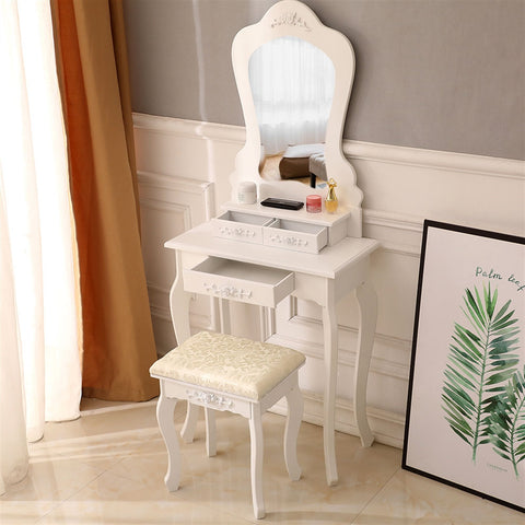 Vanity Set, Makeup Vanity Table with Irregular Single Mirror, 3 Drawers and Cushioned Stool