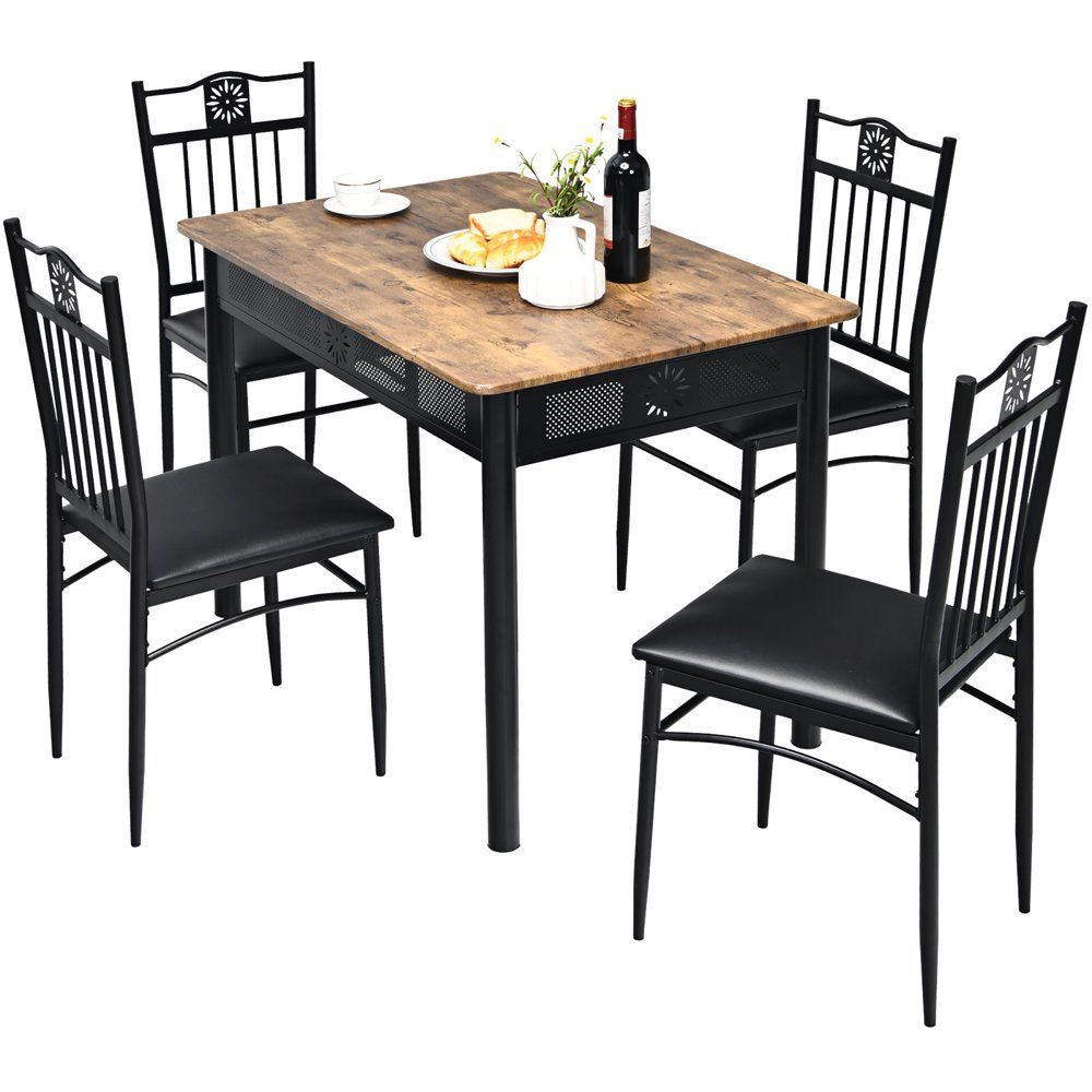 5PCS Dining Set Metal Table & 4 Chairs Kitchen Breakfast Furniture Black