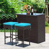 3PCS Patio Rattan Wicker Bar Table Stools Dining Set Cushioned Chairs Turquoise