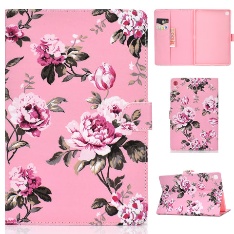 For Samsung T510/T515 Laptop Protective Case with Front Snap Cute Cartoon Color Painted Smart Stay PU Cover  Pink flower