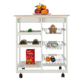 Moveable Kitchen Cart with Two Drawers & Two Wine Racks & Three Baskets White