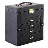 Synthetic Leather Huge Jewelry Box Mirrored Watch Organizer Necklace Ring Earring Storage Lockable Gift Case Black