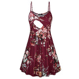 Fashion Flower Print Spaghetti Strap Nursing Maternity Dress for Breastfeeding Red wine_L