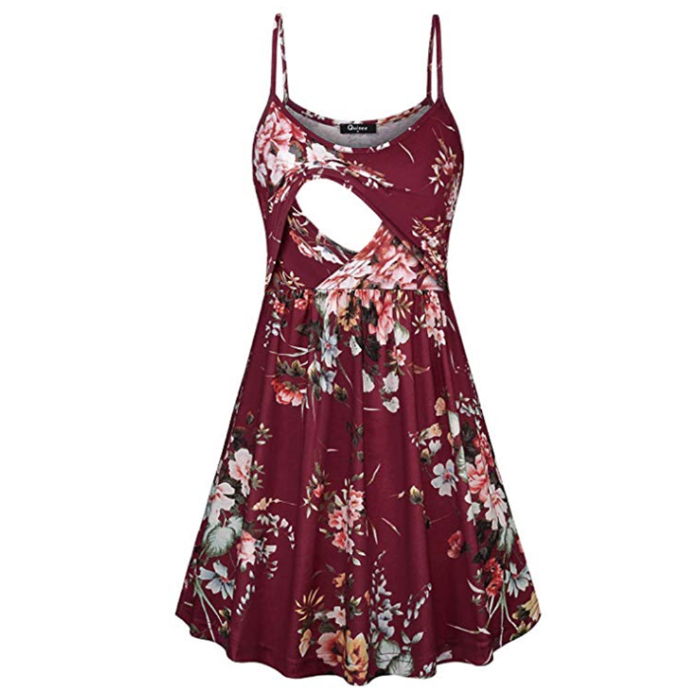 Fashion Flower Print Spaghetti Strap Nursing Maternity Dress for Breastfeeding Red wine_M