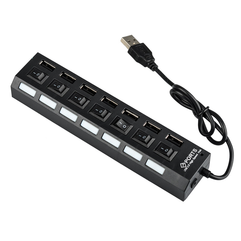 High Speed USB 2.0 Hub - 7 Ports With On/Off Switch, 5V, 480Mbps, Windows Compatible (Black)