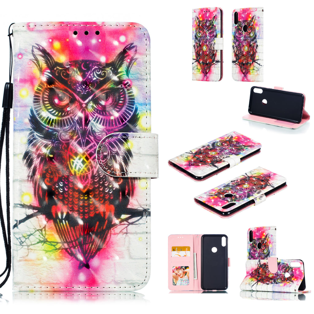 For ASUS ZENFONE MAX Pro M1/ZB601KL/ZB602KL 3D Coloured Painted PU Magnetic Clasp Phone Case with Card Slots Bracket Lanyard owl