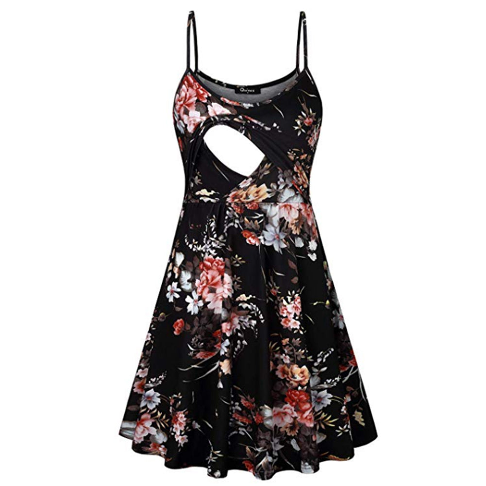 Fashion Flower Print Spaghetti Strap Nursing Maternity Dress for Breastfeeding black_M