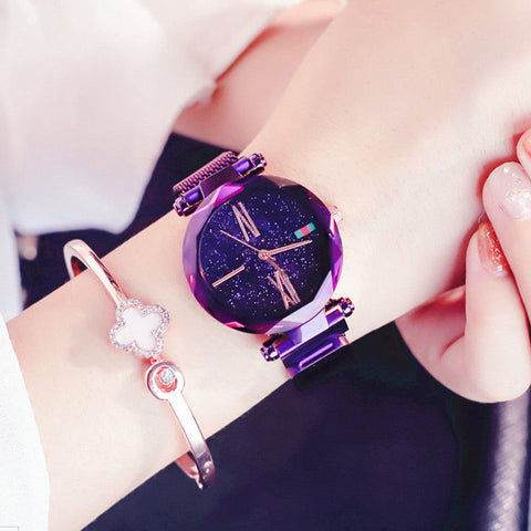 Luxury Starry Sky Quartz Watch Magnet Strap Buckle Stainless Watch Women Gift Purple