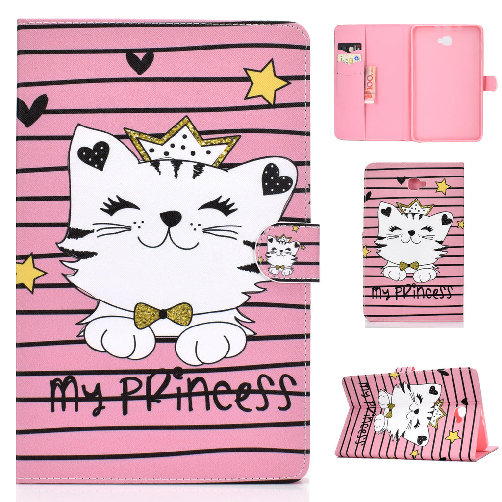 For Samsung T580 PU Laptop Protective Case with Front Snap Color Painted Smart Stay Cover  Crown cat