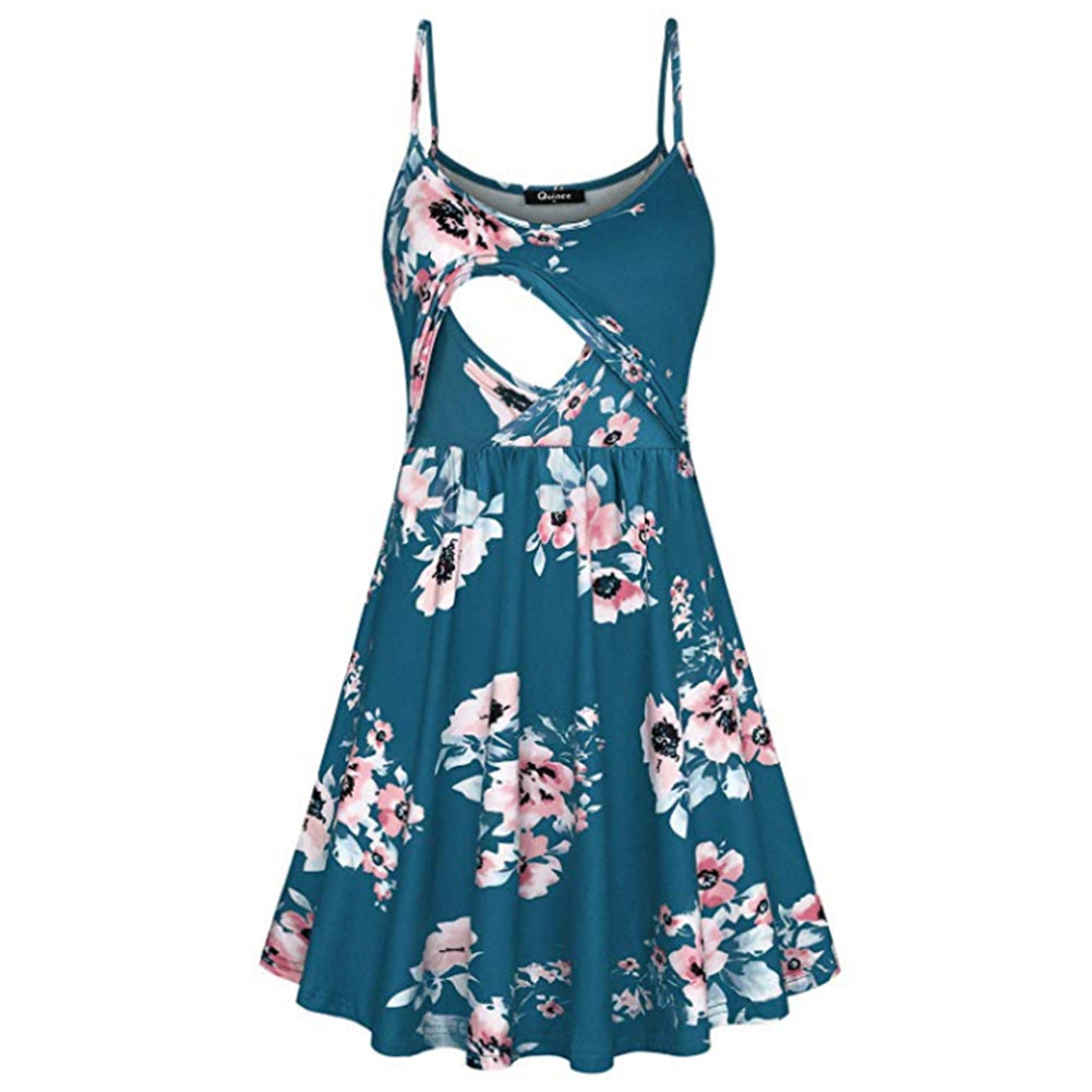 Fashion Flower Print Spaghetti Strap Nursing Maternity Dress for Breastfeeding blue-green_M