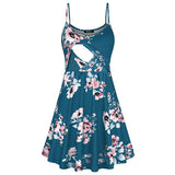 Fashion Flower Print Spaghetti Strap Nursing Maternity Dress for Breastfeeding blue-green_M