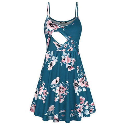 Fashion Flower Print Spaghetti Strap Nursing Maternity Dress for Breastfeeding blue-green_L