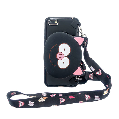 For HUAWEI Y5 2018/Y5 2019 Cellphone Case Mobile Phone Shell Shockproof TPU Cover with Cartoon Cat Pig Panda Coin Purse Lovely Shoulder Starp  Black