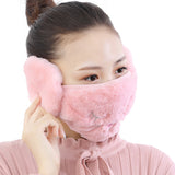 Women 2-in-1 Warm Mask Earmuffs Cartoon Cat Autumn Winter Thicken Plush Riding Outdoor Wear Pink