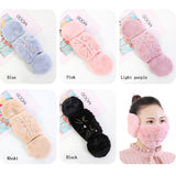 Women 2-in-1 Warm Mask Earmuffs Cartoon Cat Autumn Winter Thicken Plush Riding Outdoor Wear Pink