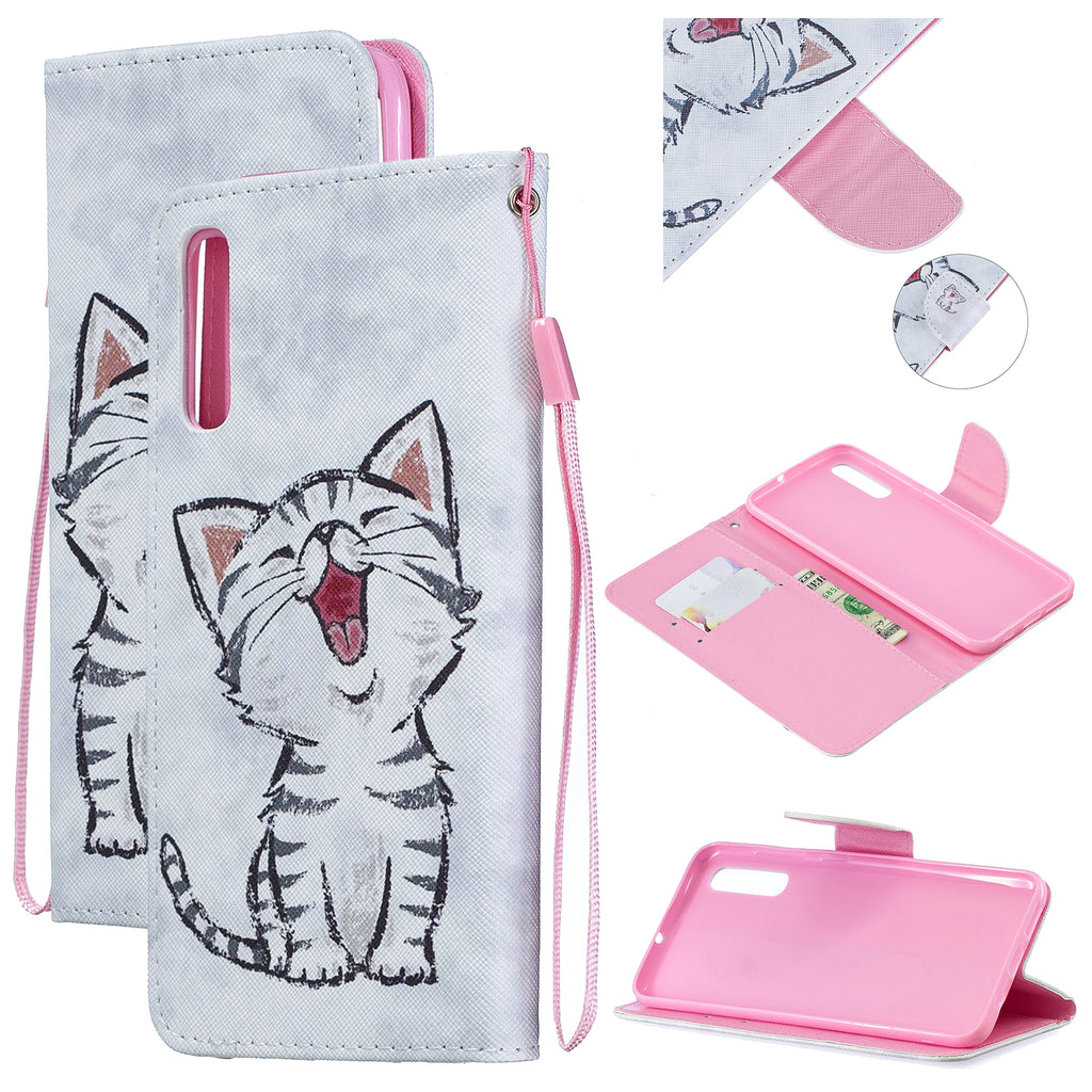 For Samsung A50/A70 Smartphone Case Overall Protective Phone Shell Lovely PU Leather Cellphone Cover with Card Slots  Red lip cat