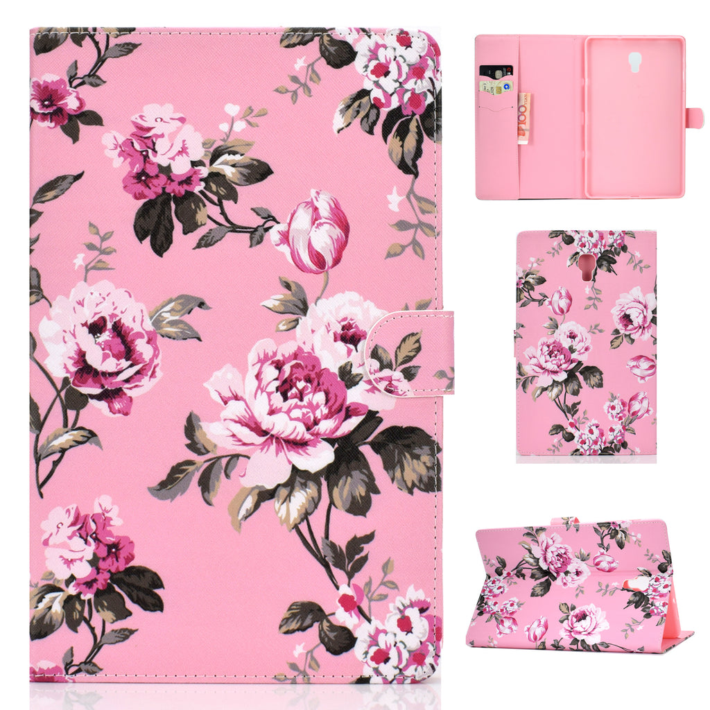 For Samsung T590 Laptop Protective Case Color Painted Smart Stay PU Cover with Front Snap Pink flower