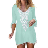 2019 Summer Swimwear Lace Patchwork Hollow Beach Dress Women Pom Pom Trim Tassel Beach Cover Up Beach Wear Saida De Praia Pareos