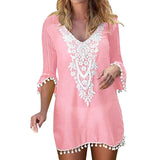 2019 Summer Swimwear Lace Patchwork Hollow Beach Dress Women Pom Pom Trim Tassel Beach Cover Up Beach Wear Saida De Praia Pareos