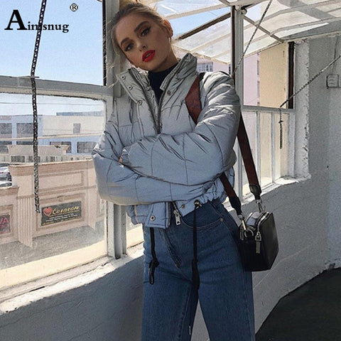 Aimsnug Women Fashion Winter Jackets Short Warm Coat Grey Color Reflective Short Jacket 2019 Girls Sexy Parka Coats Outerwear