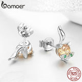 BAMOER 925 Sterling Silver Cute Crystal Fox Stud Earrings for Women Animal fox Fashion Earrings Sterling Silver Jewelry SCE527