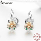 BAMOER 925 Sterling Silver Cute Crystal Fox Stud Earrings for Women Animal fox Fashion Earrings Sterling Silver Jewelry SCE527