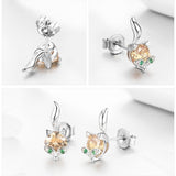 BAMOER 925 Sterling Silver Cute Crystal Fox Stud Earrings for Women Animal fox Fashion Earrings Sterling Silver Jewelry SCE527