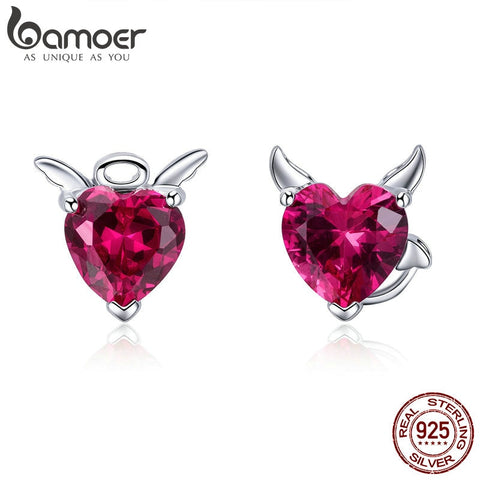 BAMOER Fashion 925 Sterling Silver Angel And Devil Pink CZ Heart Stud Earrings for Women Sterling Silver Jewelry 2018 SCE414