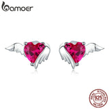 BAMOER Fashion 925 Sterling Silver Angel And Devil Pink CZ Heart Stud Earrings for Women Sterling Silver Jewelry 2018 SCE414