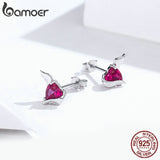 BAMOER Fashion 925 Sterling Silver Angel And Devil Pink CZ Heart Stud Earrings for Women Sterling Silver Jewelry 2018 SCE414