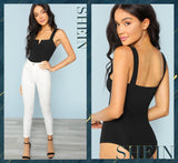 SHEIN Black V-Cut Front Bodysuit Sexy Straps Plain Skinny Sleeveless Bodysuits Women Autumn Stretchy Minimalist Bodysuits