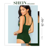 SHEIN Black V-Cut Front Bodysuit Sexy Straps Plain Skinny Sleeveless Bodysuits Women Autumn Stretchy Minimalist Bodysuits