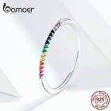 bamoer Rainbow Color CZ Finger Rings for Women Stackable Wedding Statement Authentic  Sterling Silver 925 Jewelry SCR583