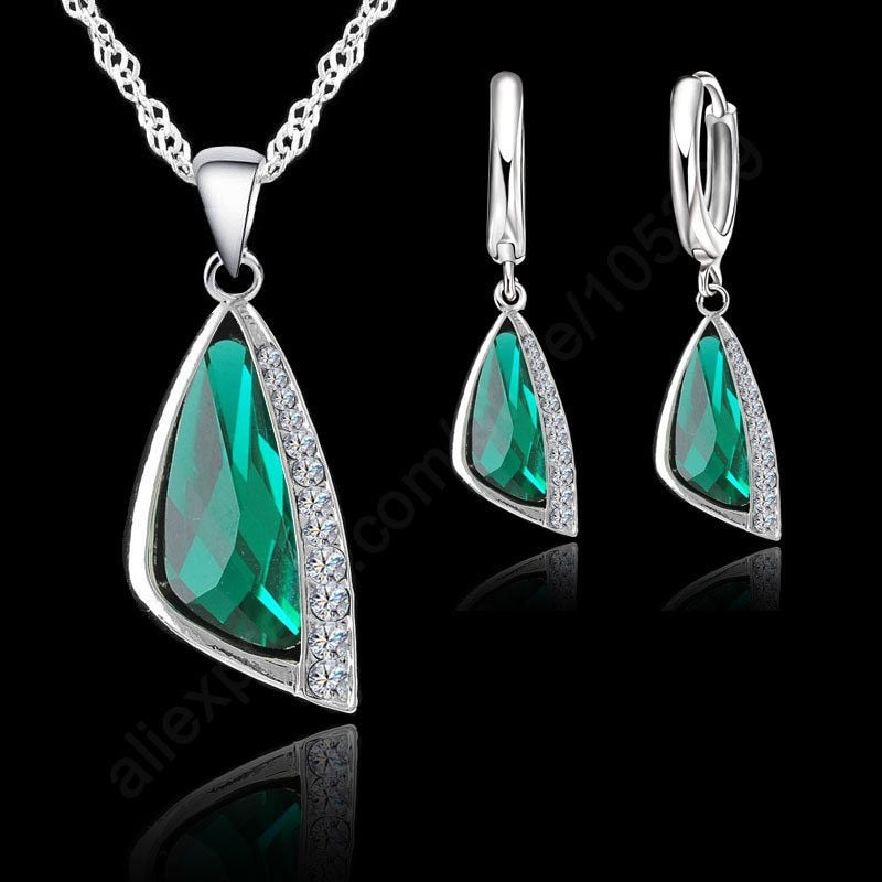 Fashion Jewelry Sets For Women Serling Silver Green Cubic Zirconia Necklace pendant Earrings Sets