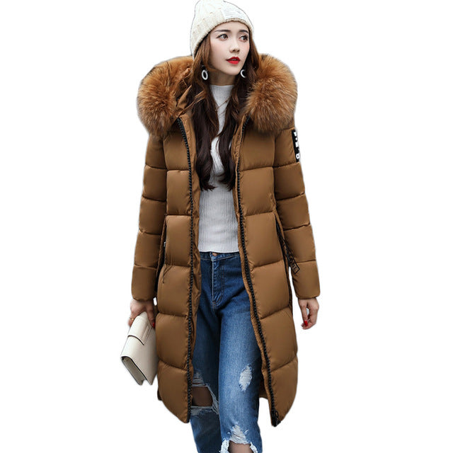 2017 Fashion Women's Faux Fur Collar Hooded Zipper Casual Winter Thicken Parka Coat