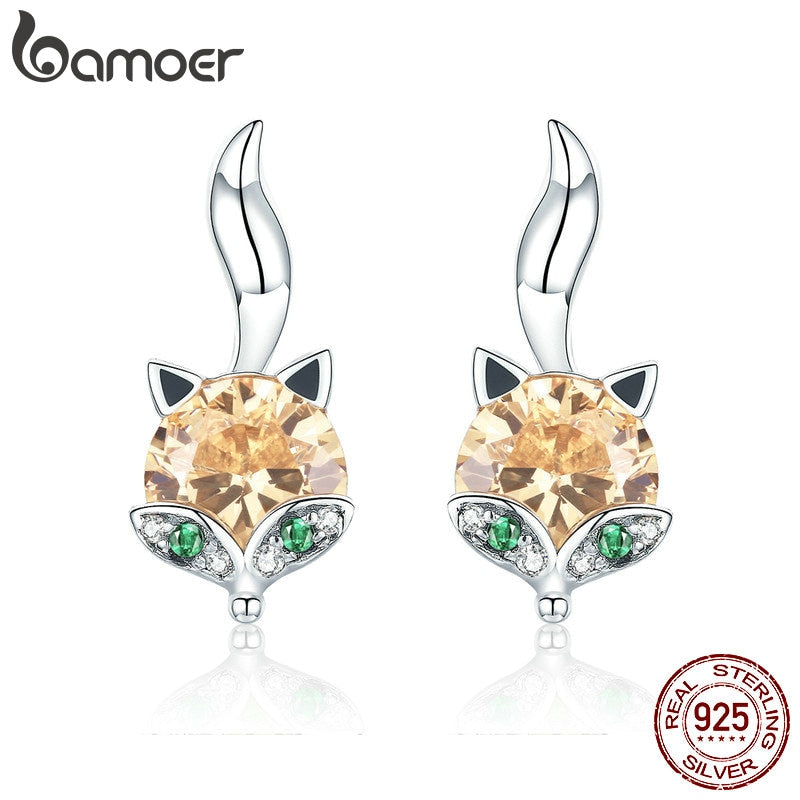 BAMOER 925 Sterling Silver Cute Crystal Fox Stud Earrings for Women Animal fox Fashion Earrings Sterling Silver Jewelry SCE527