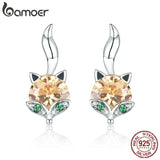 BAMOER 925 Sterling Silver Cute Crystal Fox Stud Earrings for Women Animal fox Fashion Earrings Sterling Silver Jewelry SCE527